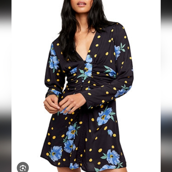 Free People Black Dress with Blue Floral and Orange Dot Accents - Picture 1 of 5